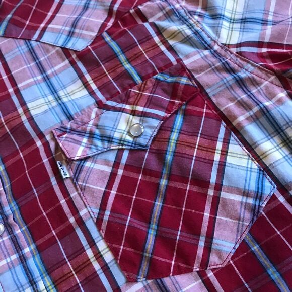 Levi’s Pearl Snap Plaid Short Sleeve Western Rodeo Shirt Red Blue Sz XL - Picture 4 of 11